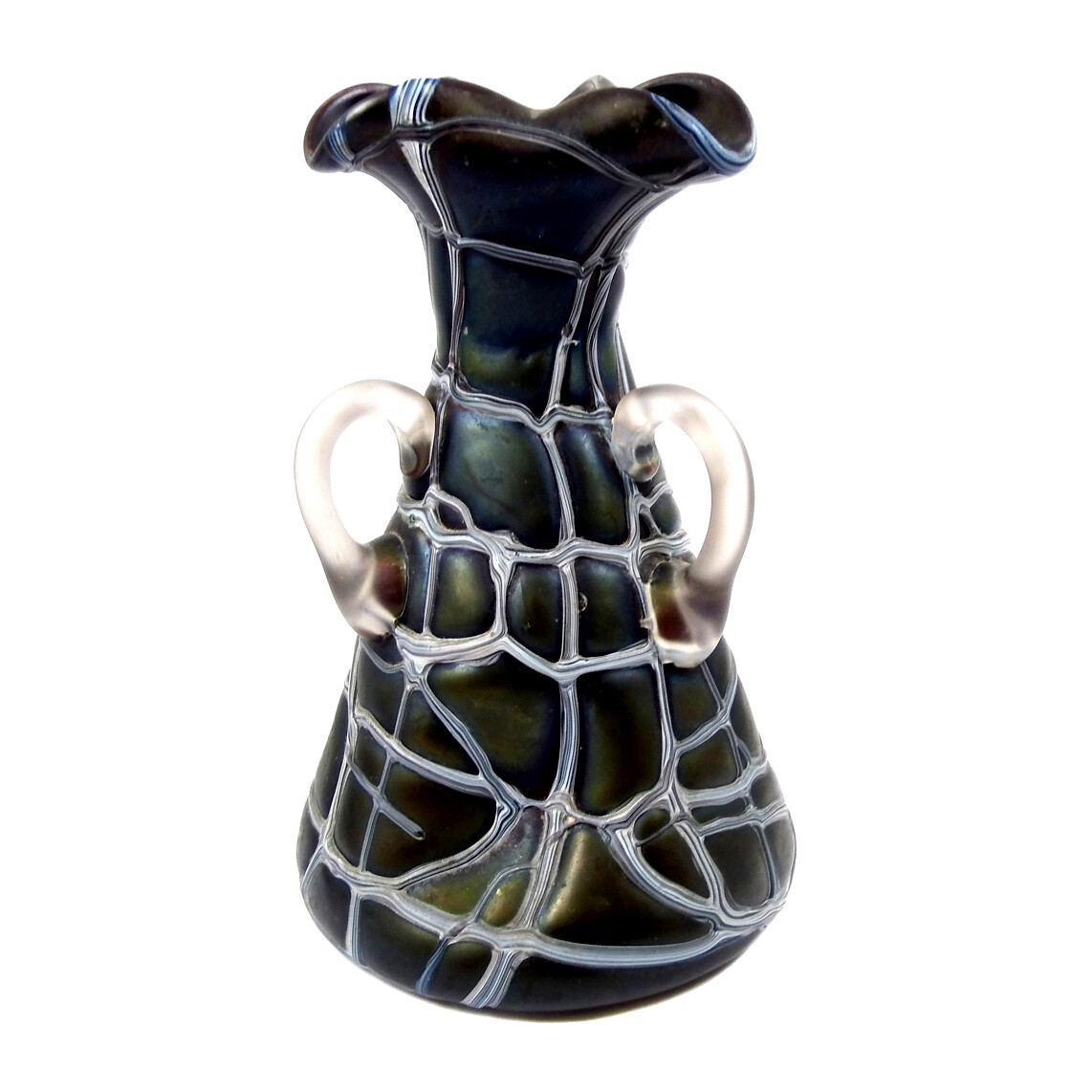 Decorative handle vase with irregular glass threads, Elisabeth glass factory around 1900-05