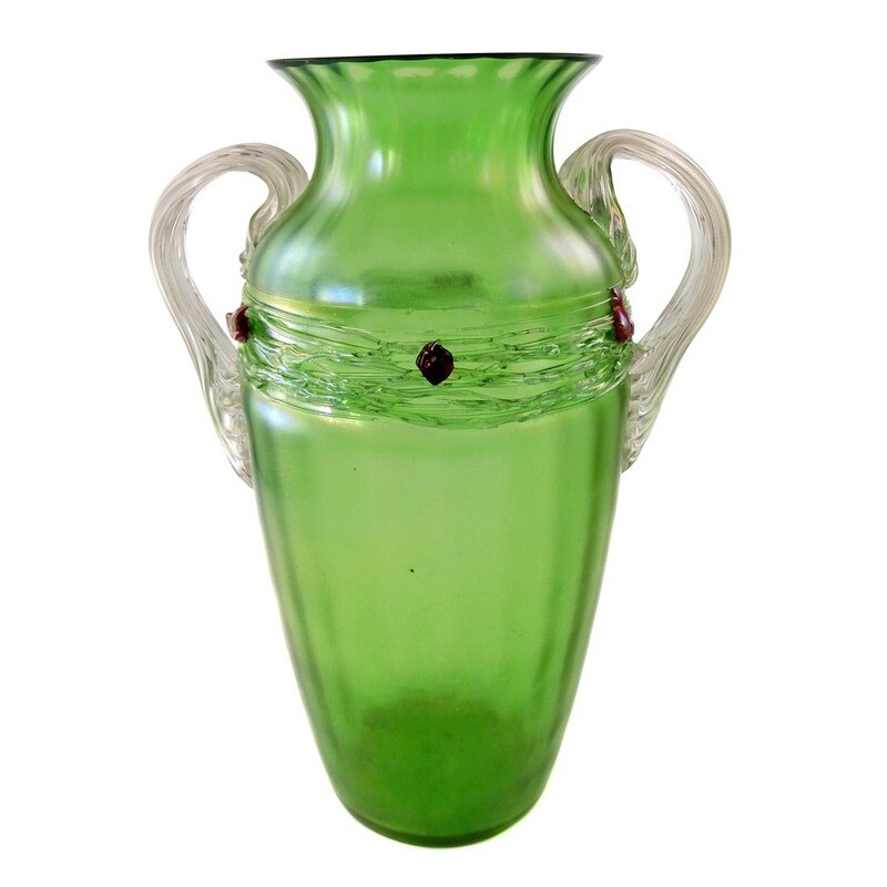 Large amphora vase with handle &amp; thread decoration &amp; red chunks, Loetz around 1900-10