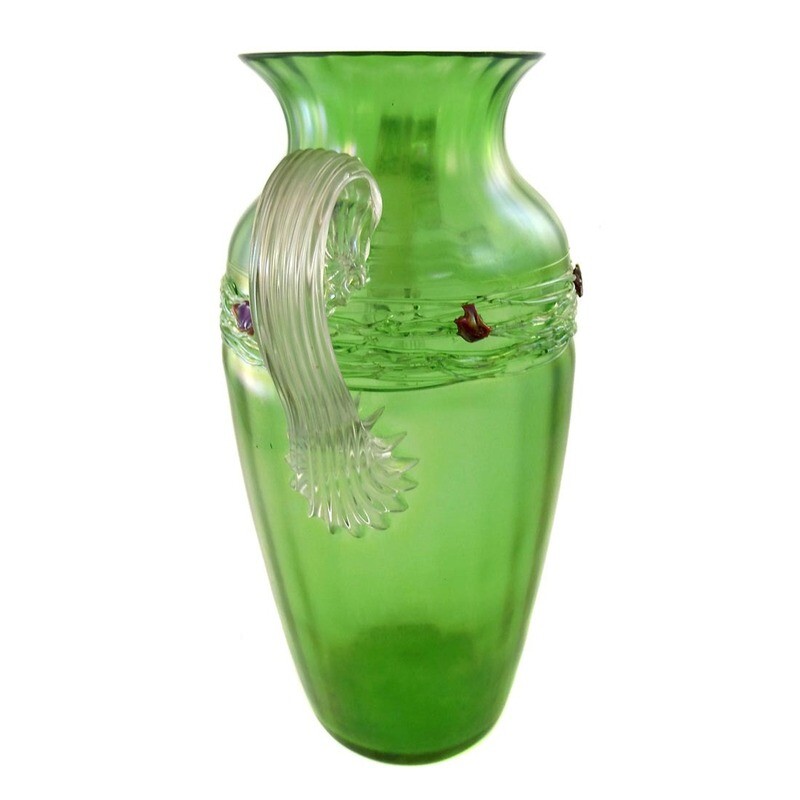 Large amphora vase with handle &amp; thread decoration &amp; red chunks, Loetz around 1900-10
