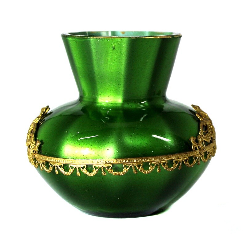 Small metallic green glass vase with brass ring, Loetz Metallin around 1905