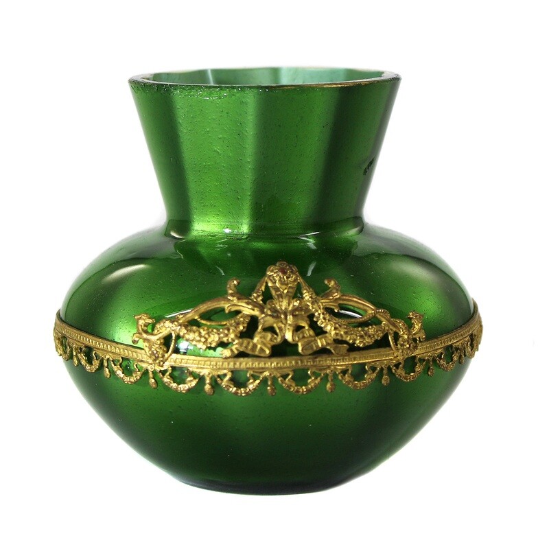 Small metallic green glass vase with brass ring, Loetz Metallin around 1905