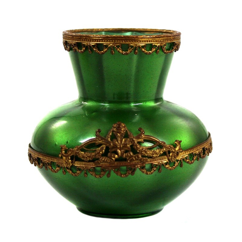 Small vase made of metallic green glass with brass ring, Loetz Metallin around 1905