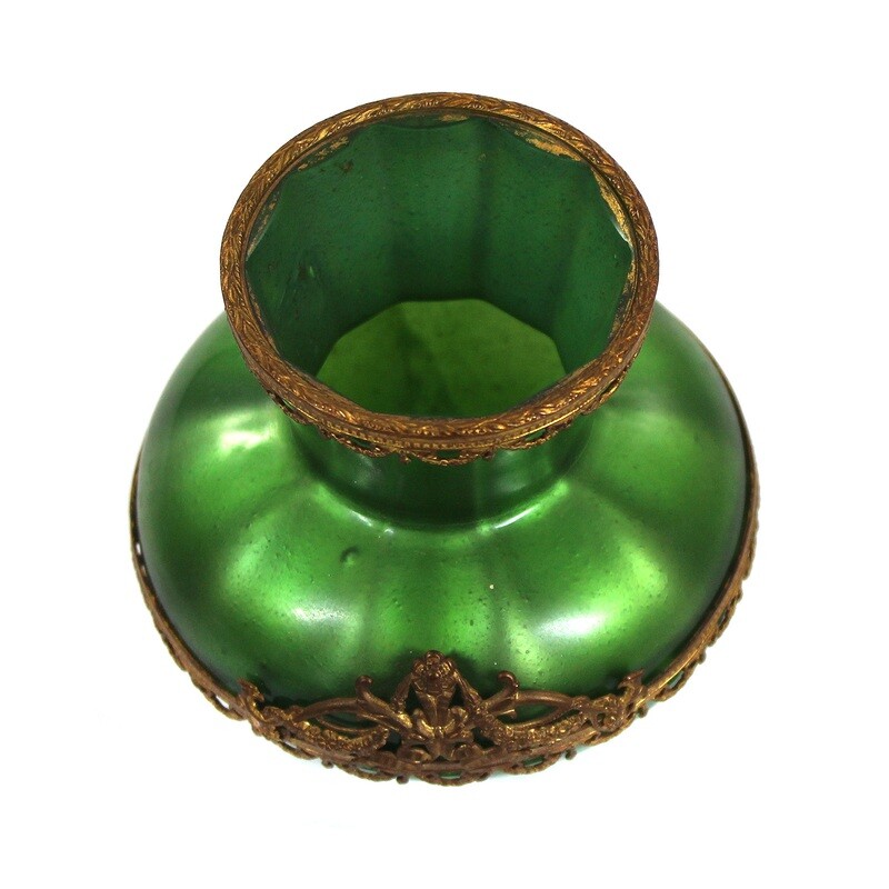 Small vase made of metallic green glass with brass ring, Loetz Metallin around 1905