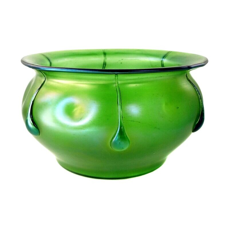 Very large bowl made of green glass with drops, Loetz, Vesuvian series