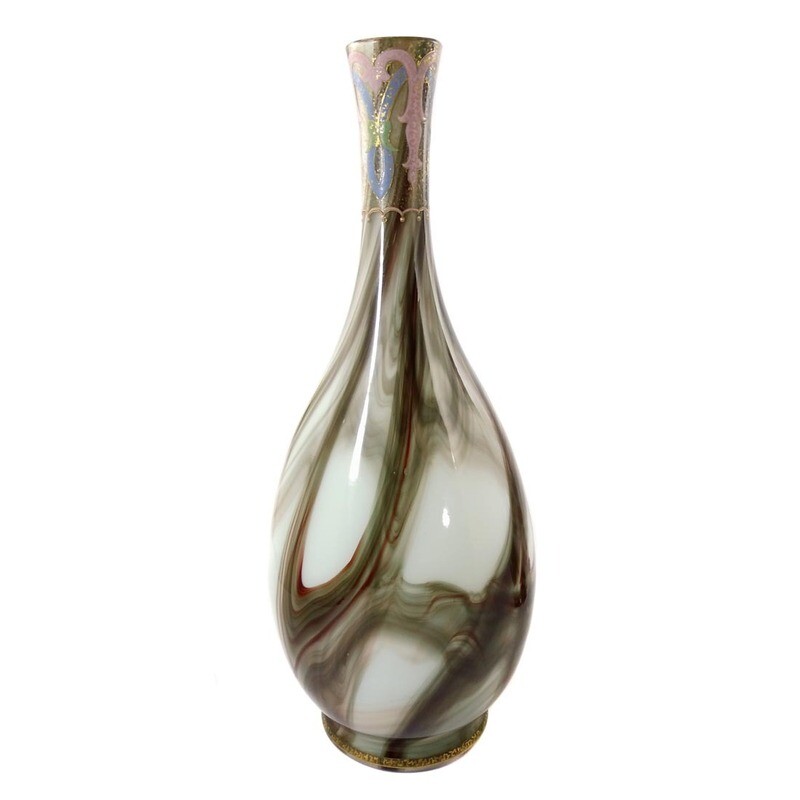 Pair of narrow-necked vases made of marbled opal glass / onyx glass, Loetz around 1880-90
