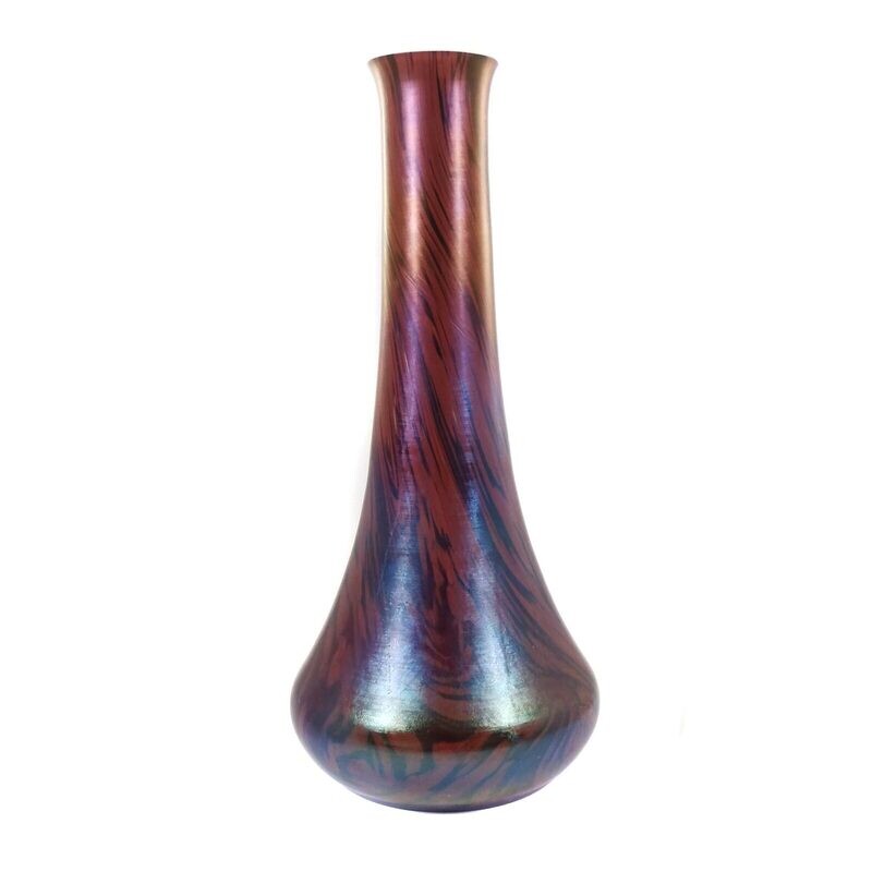 Large vase made of colorless glass with liver red intermediate catch, cow&#39;s head around 1900