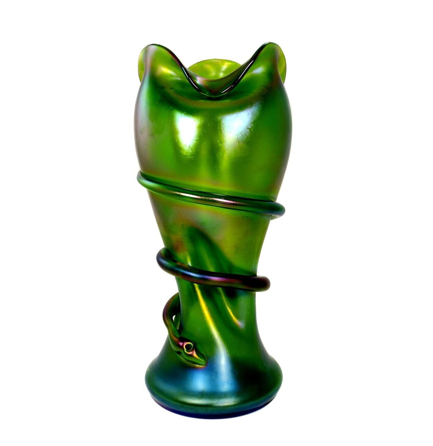 Large Art Nouveau vase made of green glass with a surrounding snake and cow&#39;s head