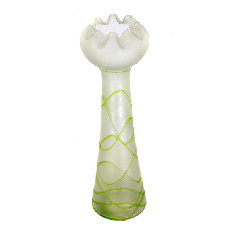 Tall vase made of colorless, acid-frosted glass with thread decoration, cow's head