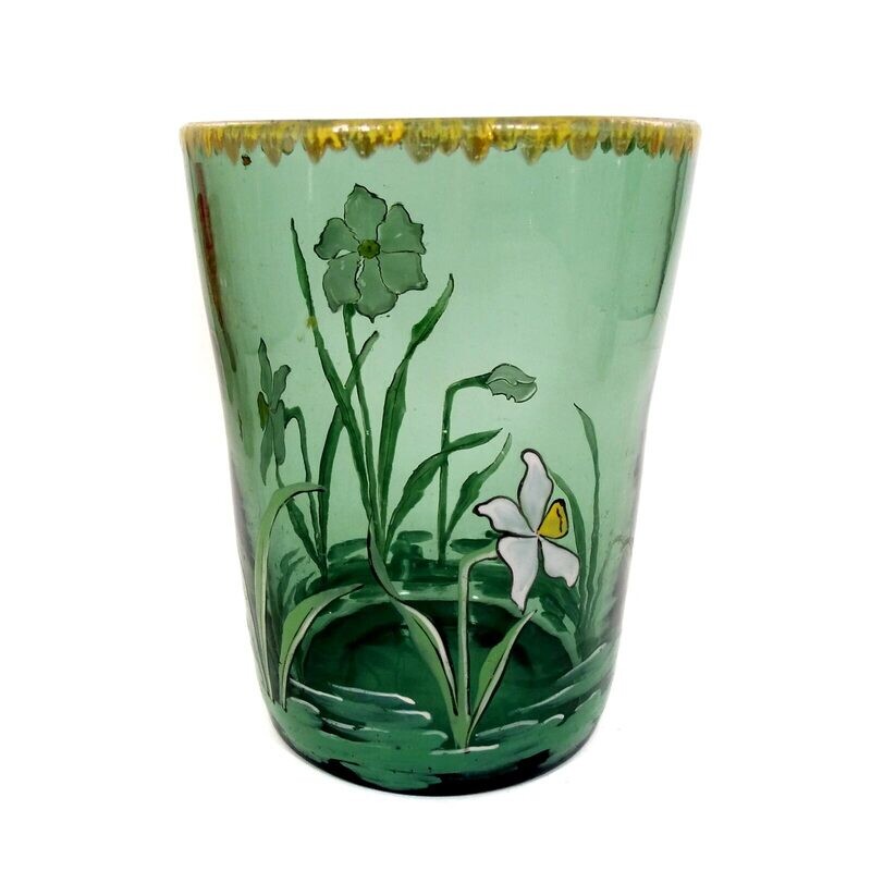 Beaker vase made of green glass with floral enamel painting, Neuwelt around 1900