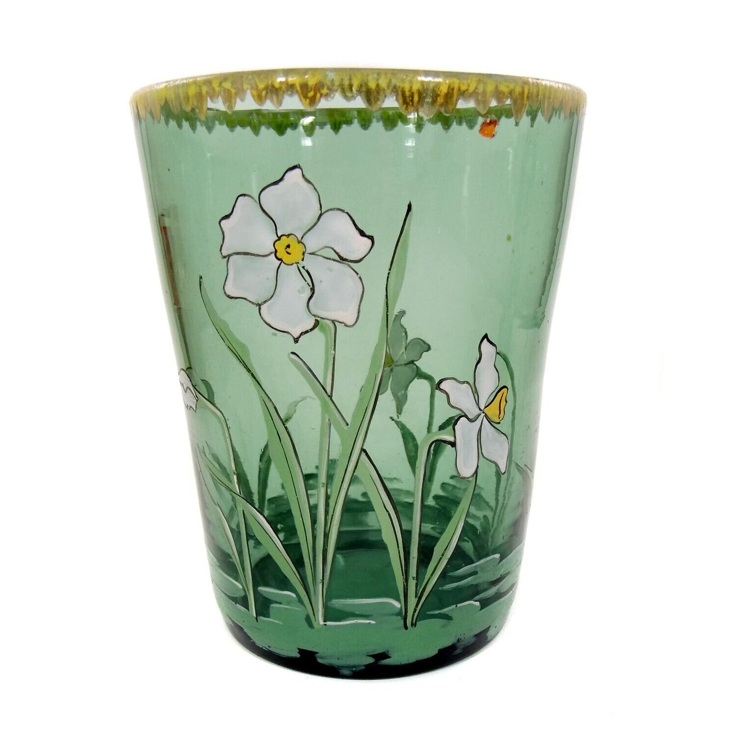 Beaker vase made of green glass with floral enamel painting, Neuwelt around 1900