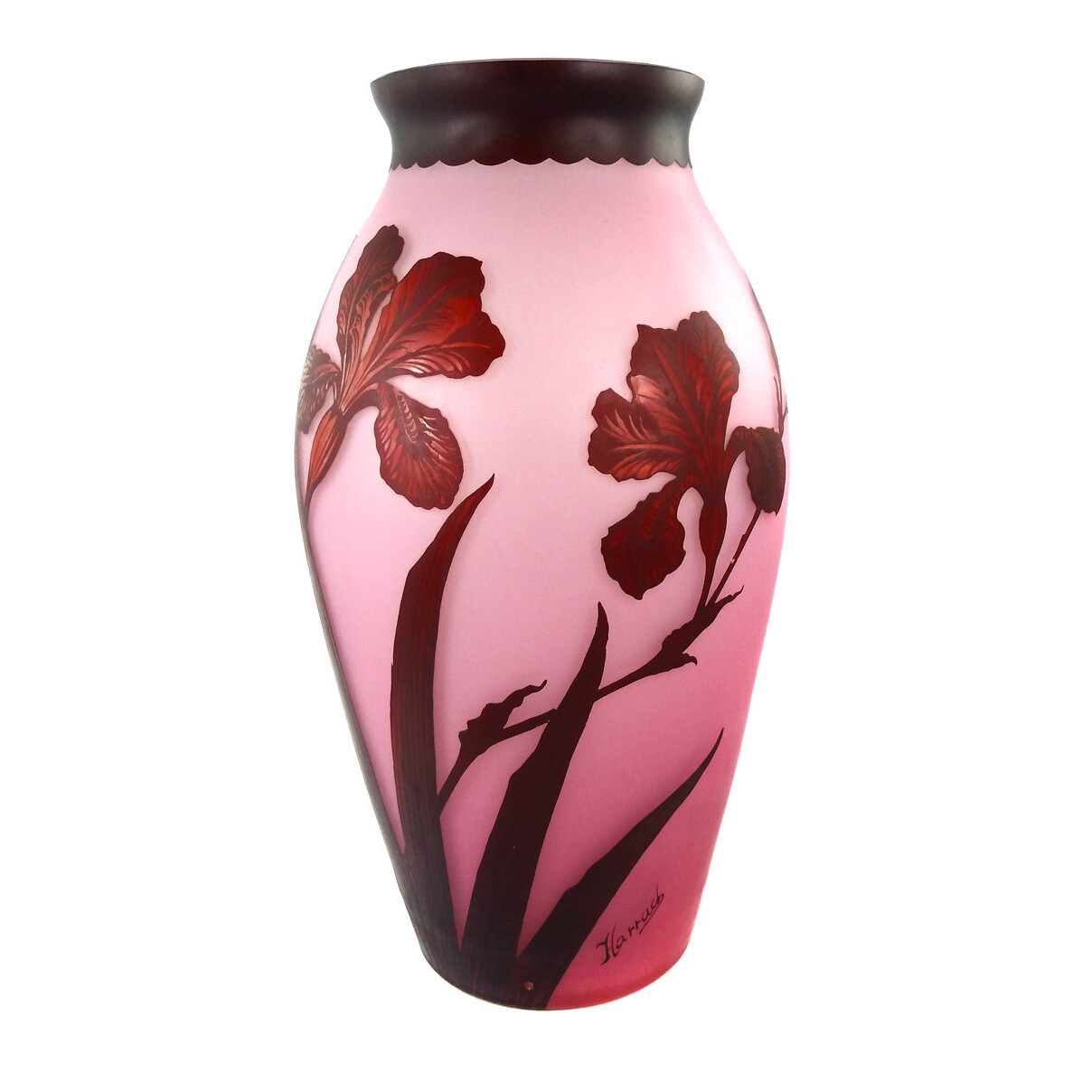 Very large vase with etched iris flower decoration, Harrachsche Glasfabrik around 1926-27