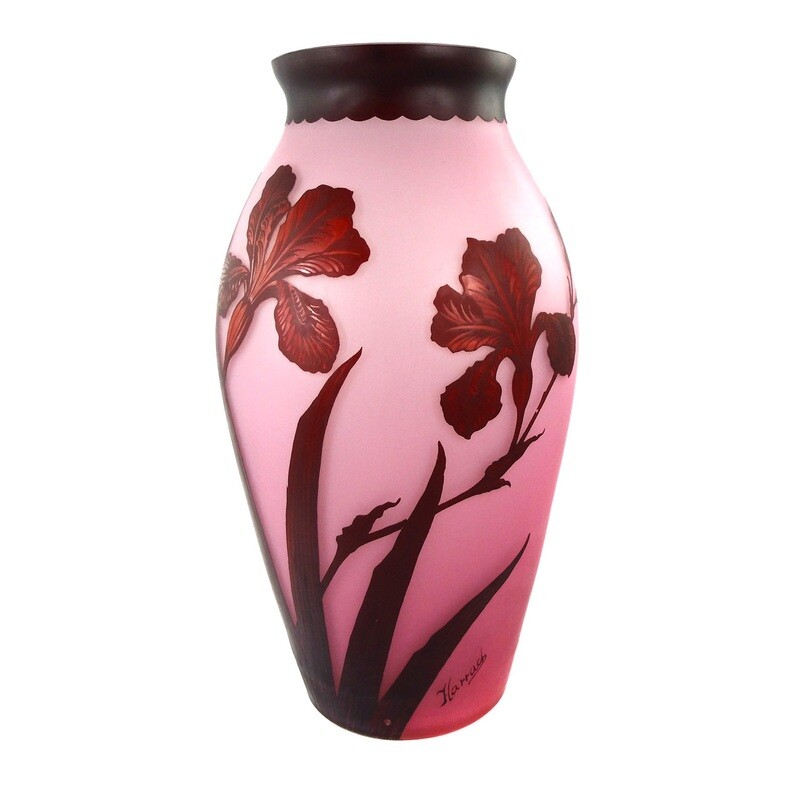 Very large vase with etched iris flower decoration, Harrachsche Glasfabrik around 1926-27