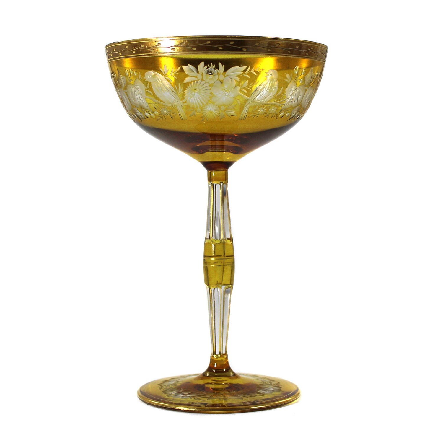 1st of 5. Champagne bowl with surrounding flower branches &amp; depiction of birds, Moser