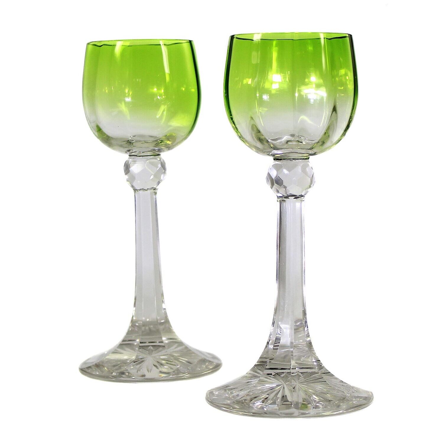1st of 2. Wine glass with a green, ribbed cup, Moser around 1900