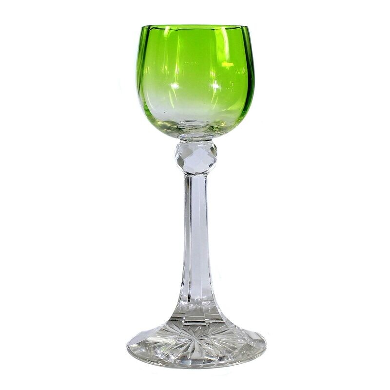 1st of 2. Wine glass with a green, ribbed cup, Moser around 1900
