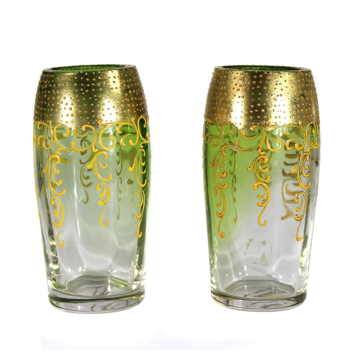 Pair of small vases with a light green overlay, Moser around 1897, signed.