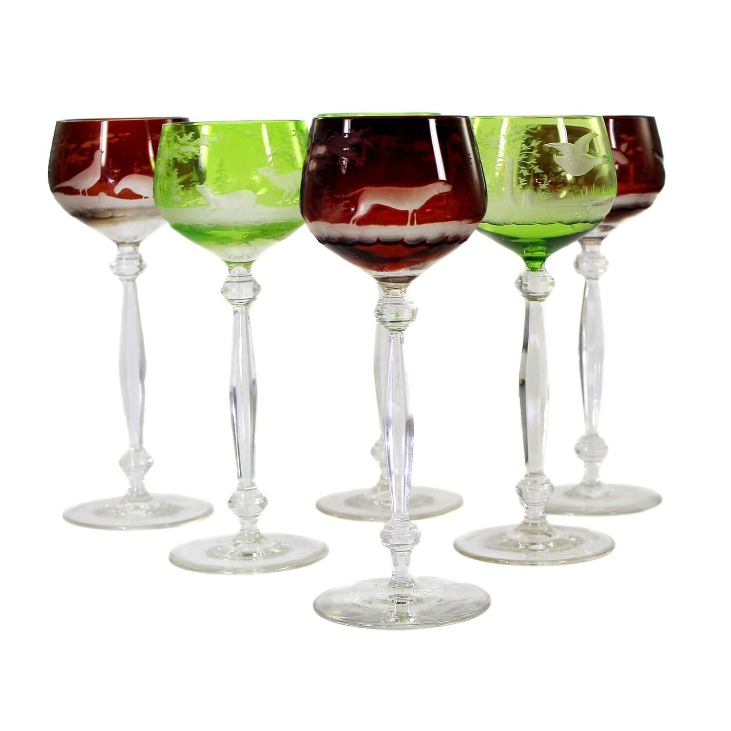 6 stem glasses with faceted shafts and overlaid cups, Moser around 1910