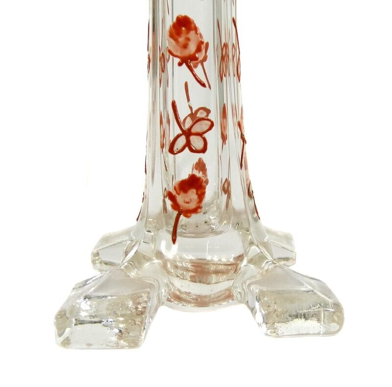 Pair of rod vases with quatrefoil foot &amp; opaque enamel painting, Moser or Riedel