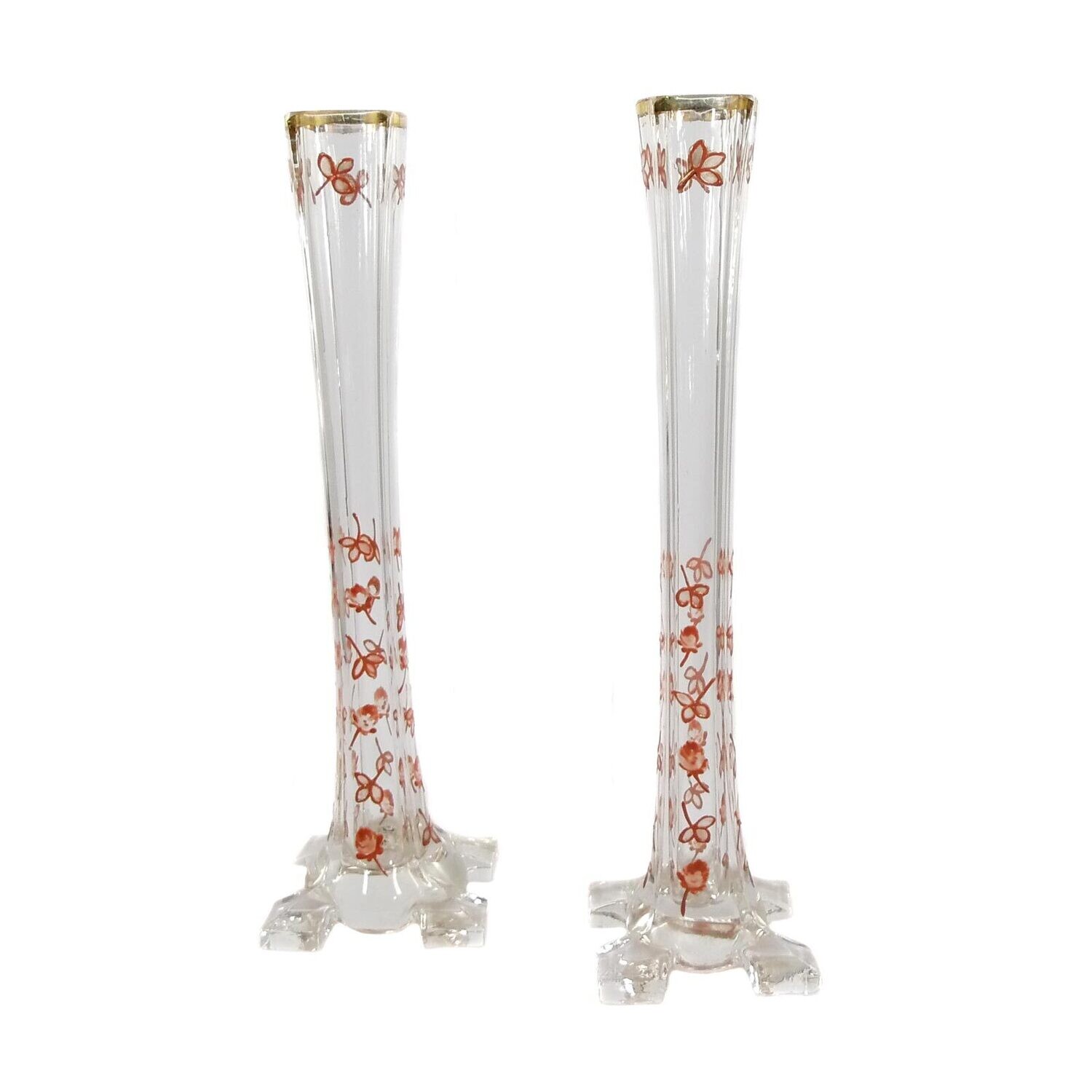 Pair of rod vases with quatrefoil foot &amp; opaque enamel painting, Moser or Riedel