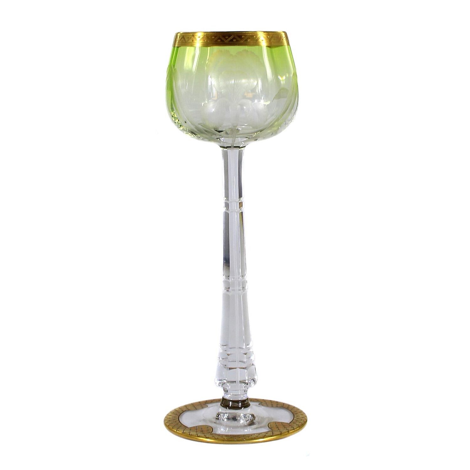 Stem glass with engraved iris, bowl running light green, Moser around 1900