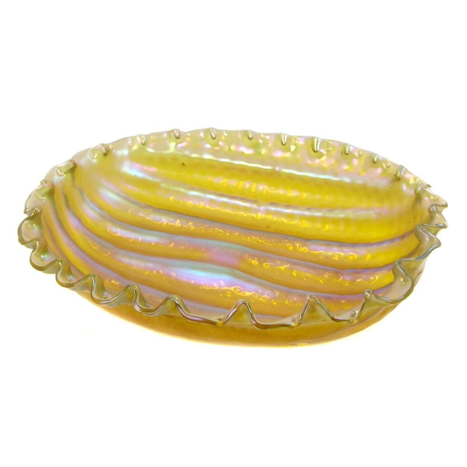 Large bowl made of yellow overlaid glass in the shape of a shell, Kralik around 1900