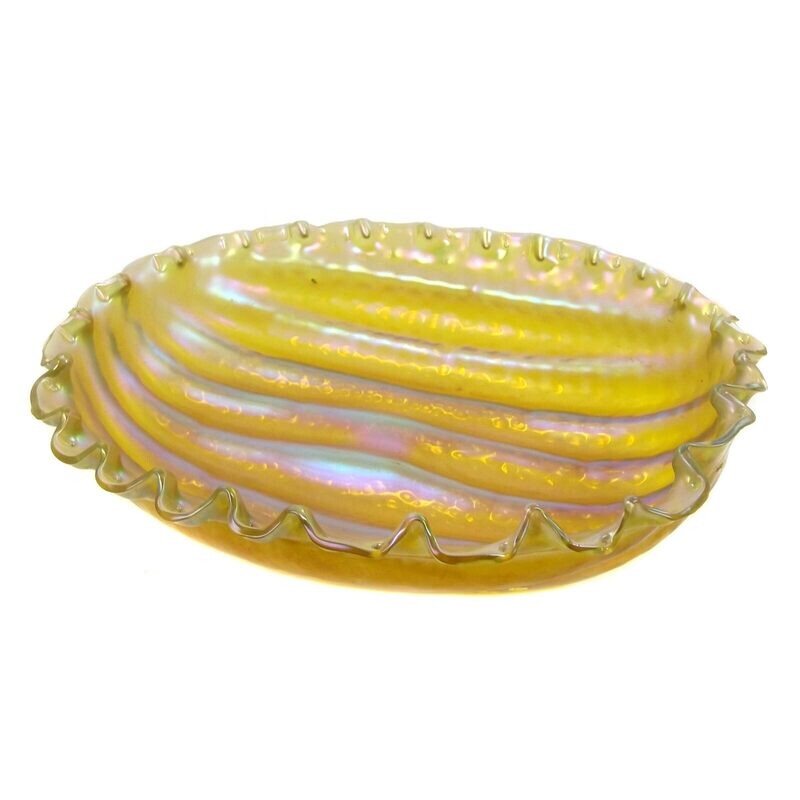 Large bowl made of yellow overlaid glass in the shape of a shell, Kralik around 1900