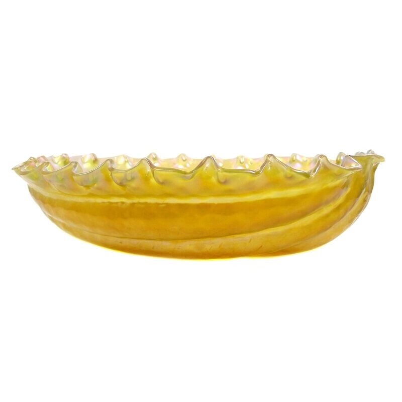 Large bowl made of yellow overlaid glass in the shape of a shell, Kralik around 1900