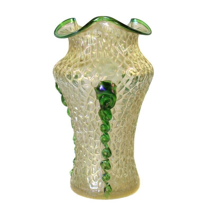 Art Nouveau vase with green appliqué, Wilhelm Kralik, Martele &amp; Rigaree series