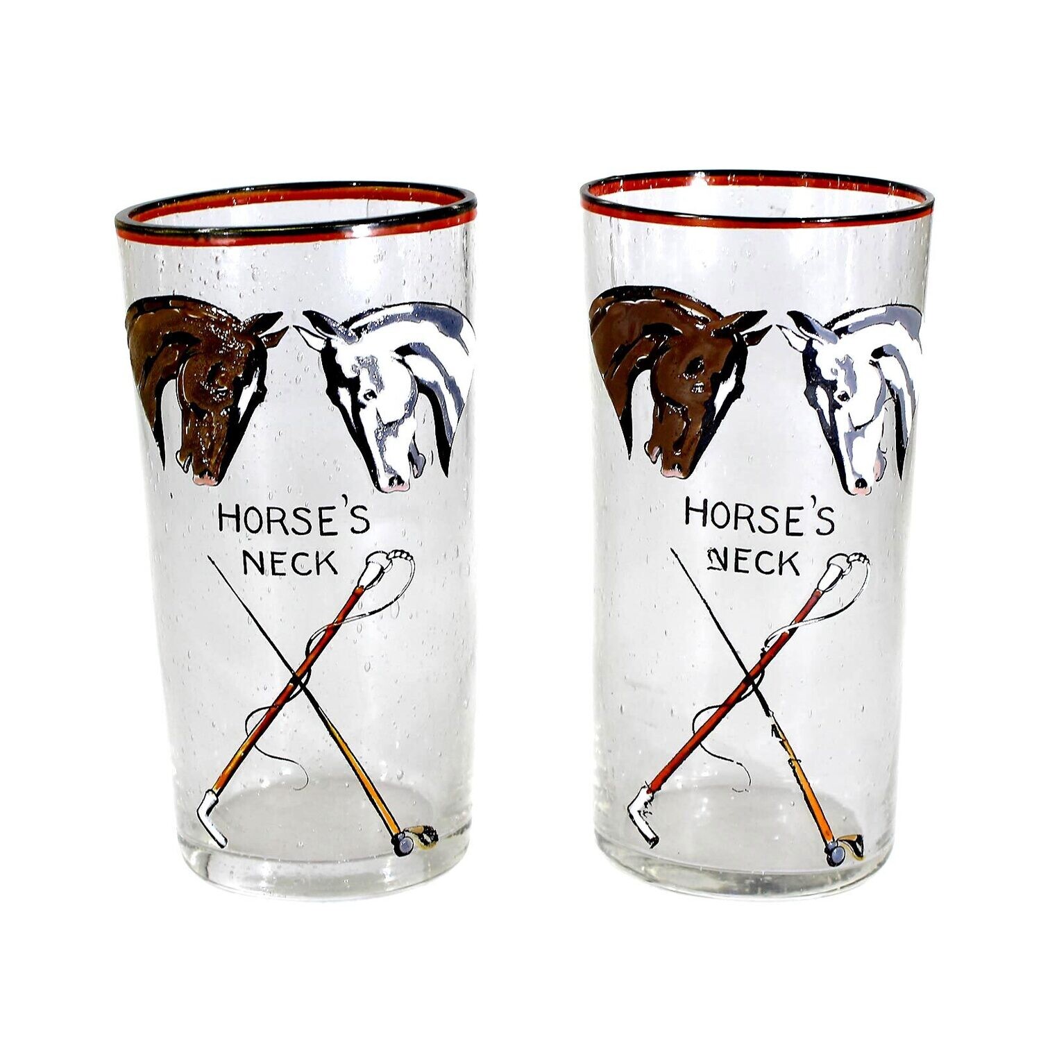 1st of 2. Colorless bubbled glass beaker with enamel painting, Horse&#39;s Neck
