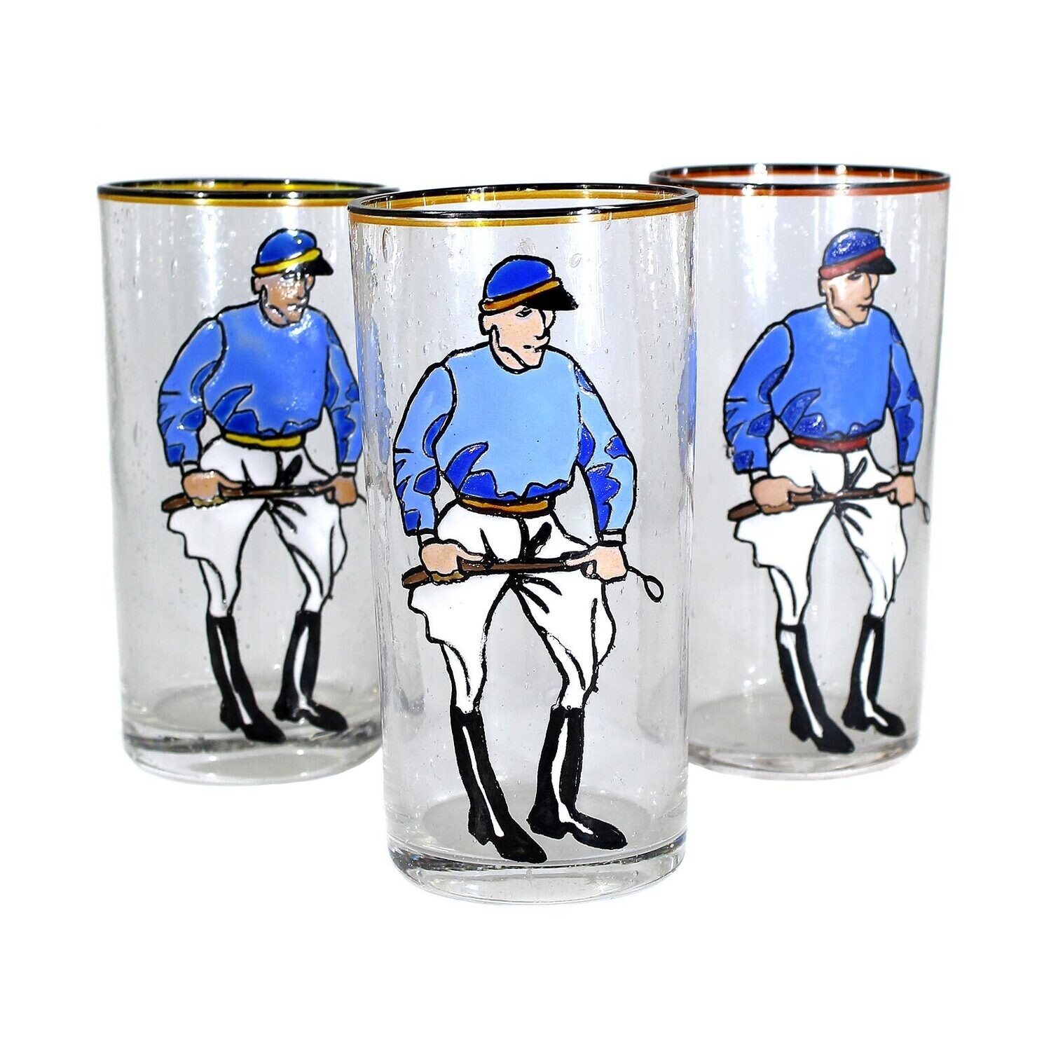 1st of 3. Clear bubbled glass beaker with enamel painting, Jockey