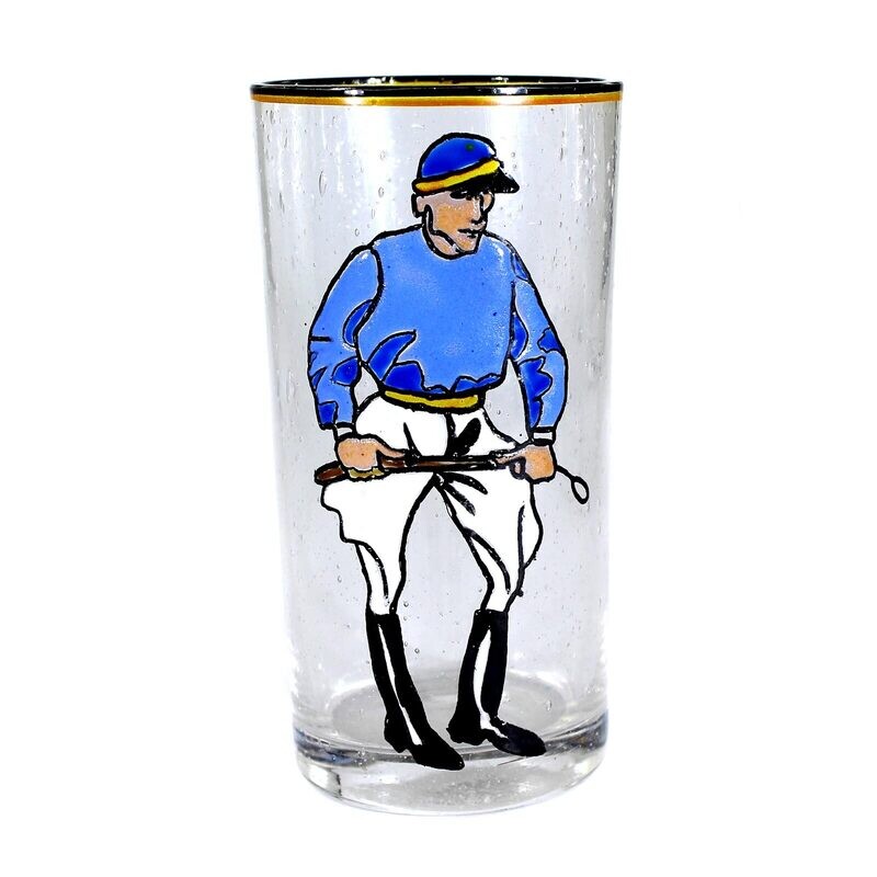 1st of 3. Clear bubbled glass beaker with enamel painting, Jockey