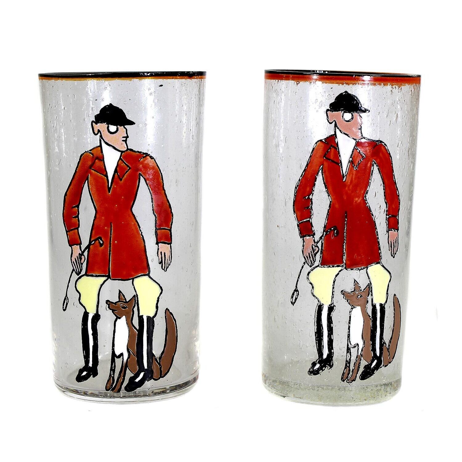 1st of 2nd beaker of colorless, bubbled glass with enamel painting, fox hunting