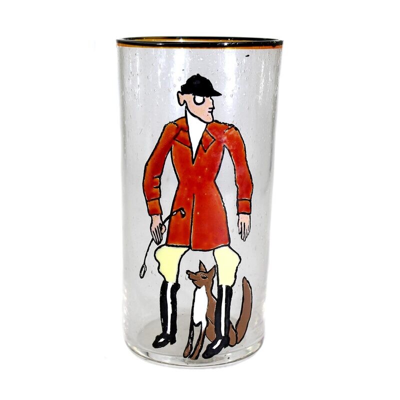 1st of 2nd beaker of colorless, bubbled glass with enamel painting, fox hunting
