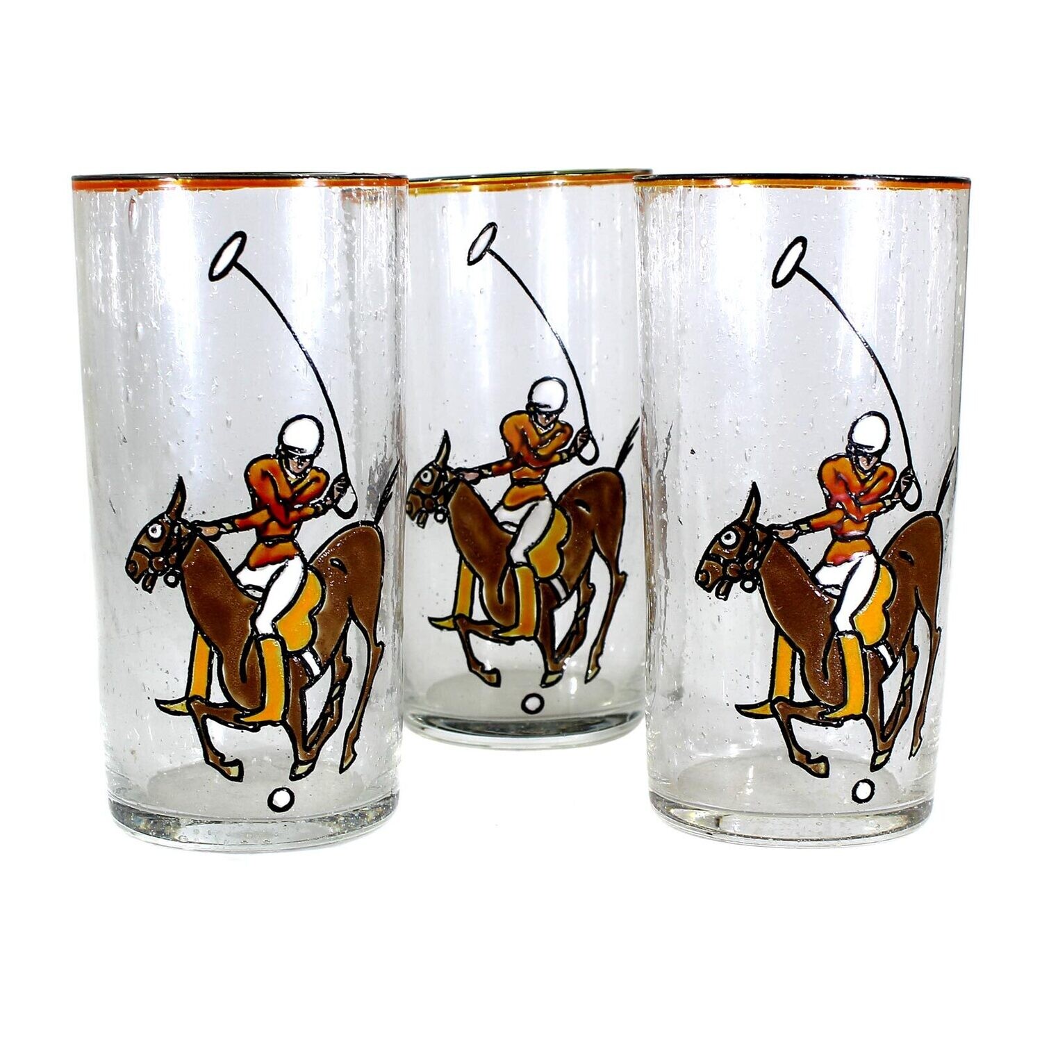 1st of 3. Colorless, bubbled glass beaker with enamel painting, polo player