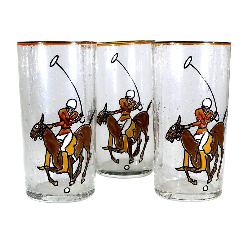 1st of 3. Colorless, bubbled glass beaker with enamel painting, polo player