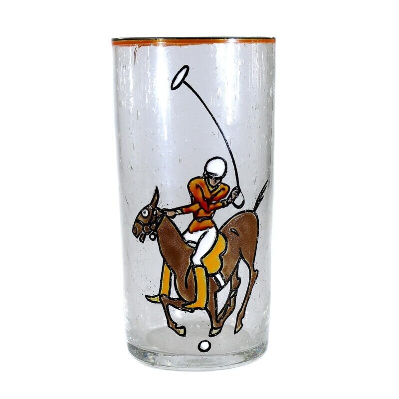 1st of 3. Colorless, bubbled glass beaker with enamel painting, polo player