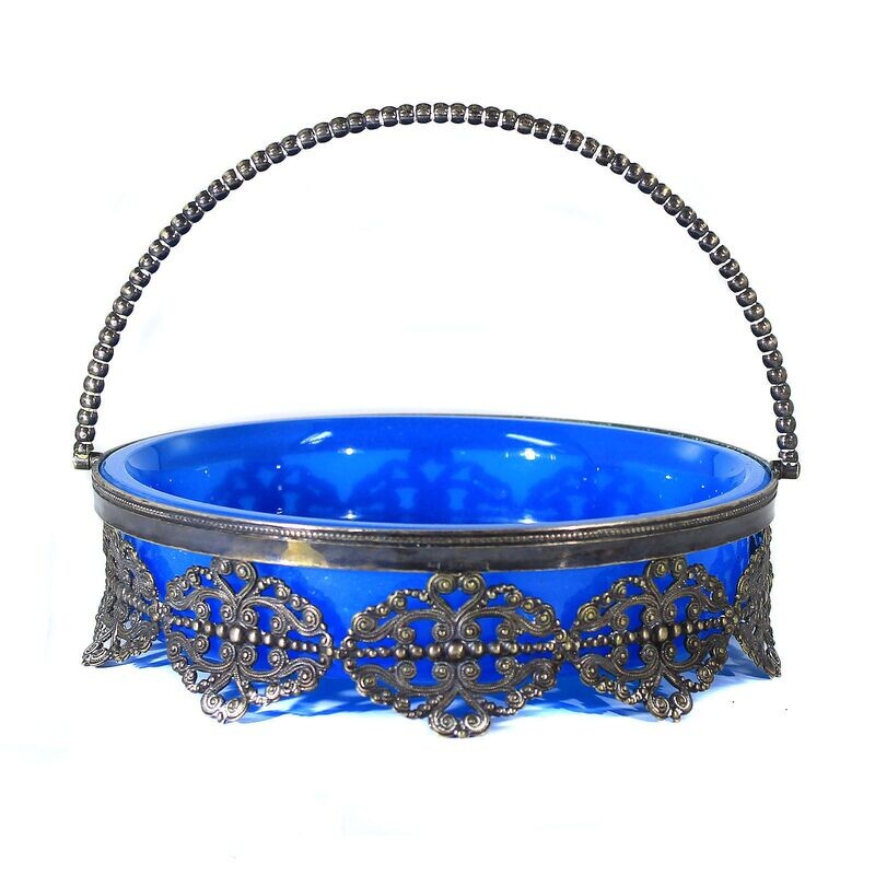 Handle bowl made of silver-plated metal with blue glass insert, DUFVA around 1895