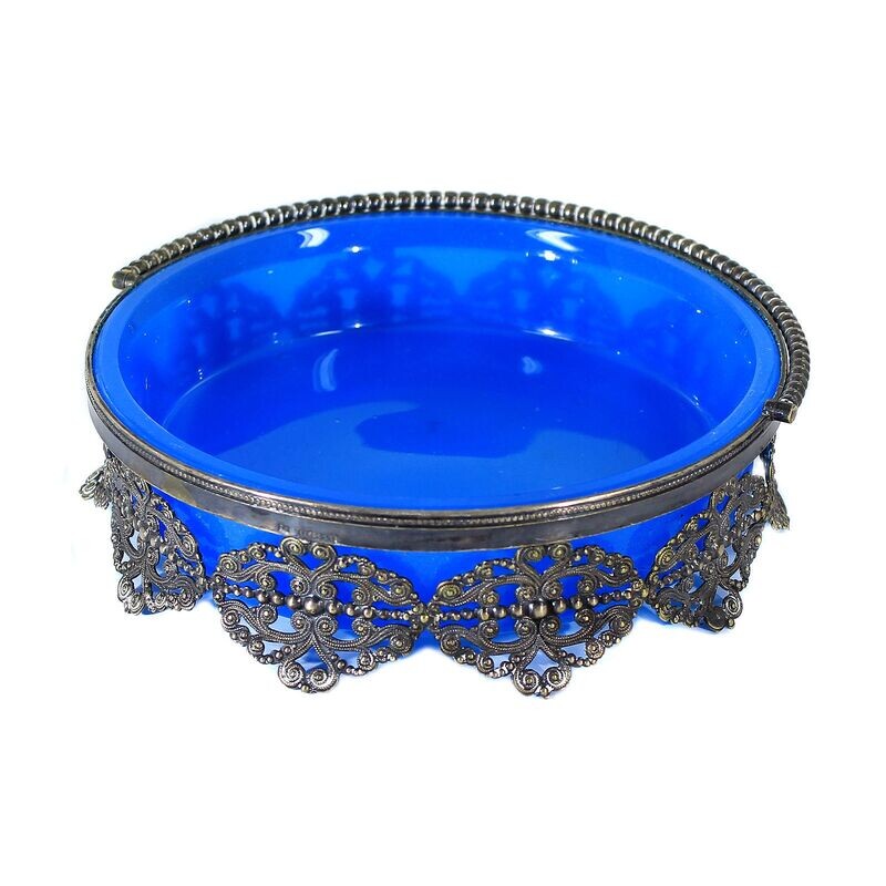 Handle bowl made of silver-plated metal with blue glass insert, DUFVA around 1895