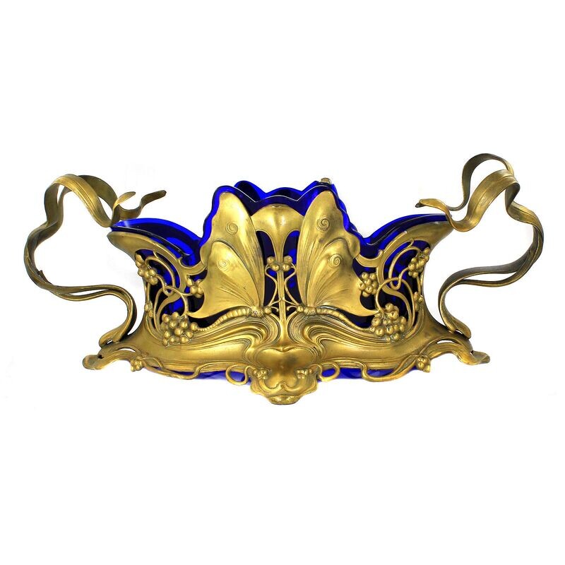 Art Nouveau jardiniere with butterflies and blue glass insert, A.K. &amp; Cie, Vienna