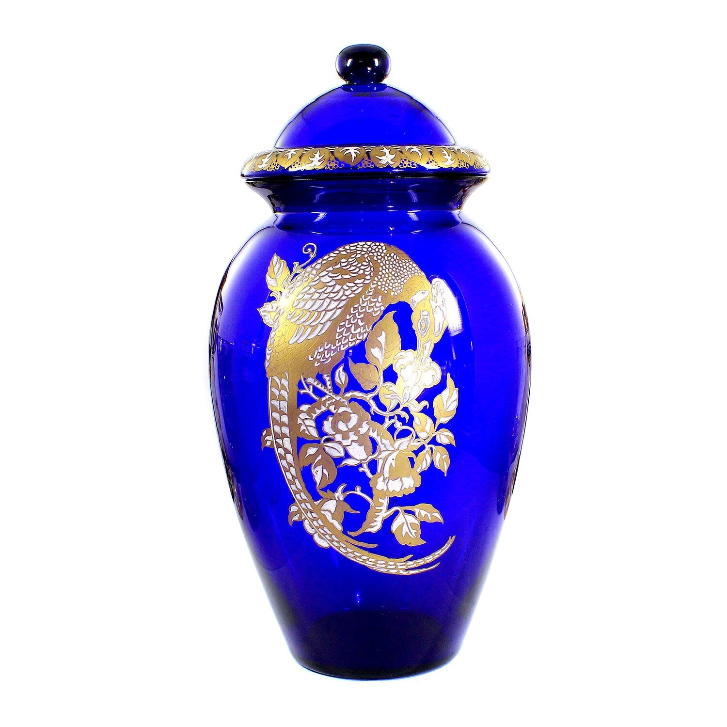 Covered vase made of cobalt blue glass with a pheasant, Theresienthal around 1920