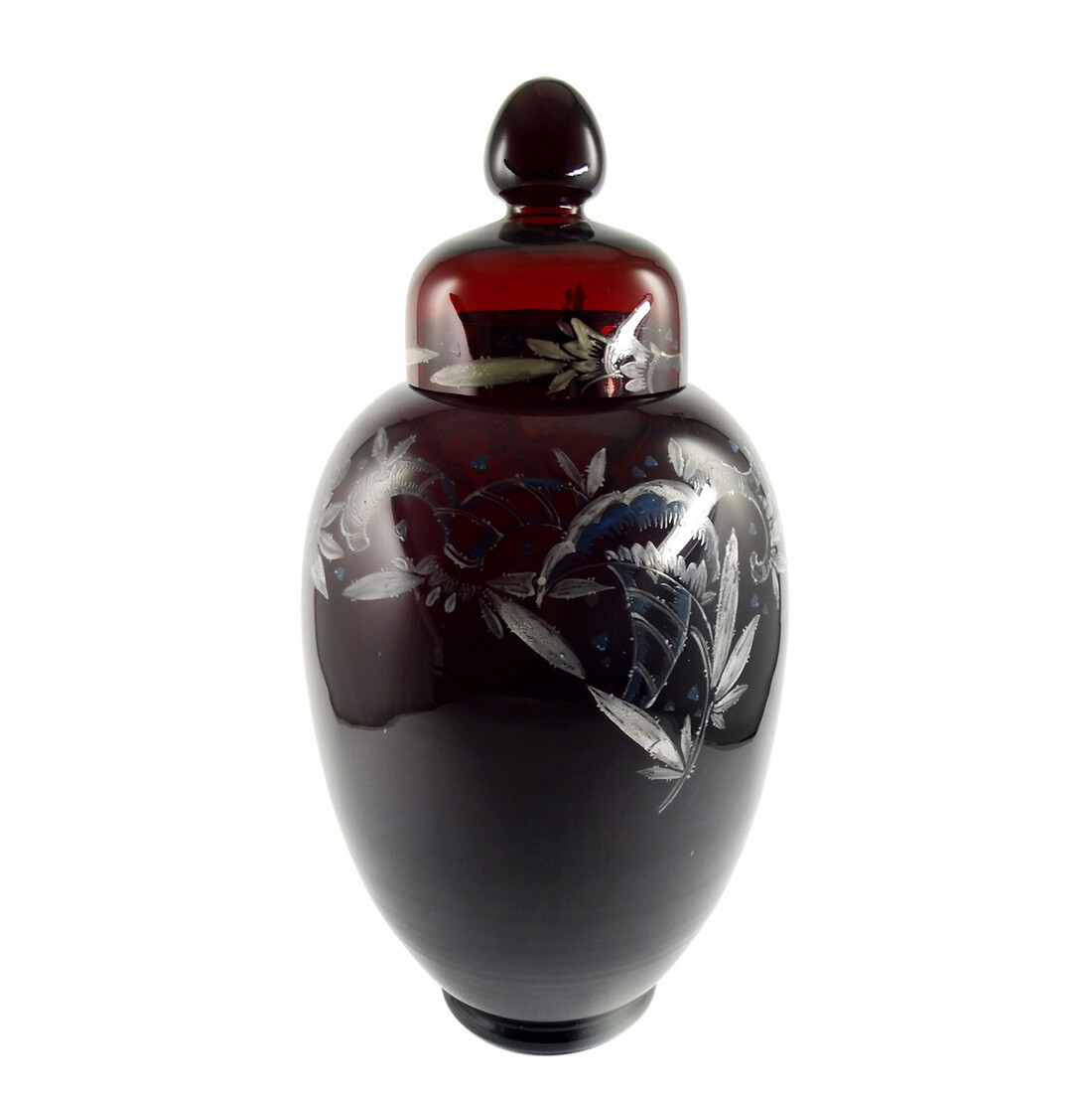 Large lidded vase made of ruby red glass with enamel painting, signed. Seyfried Munich