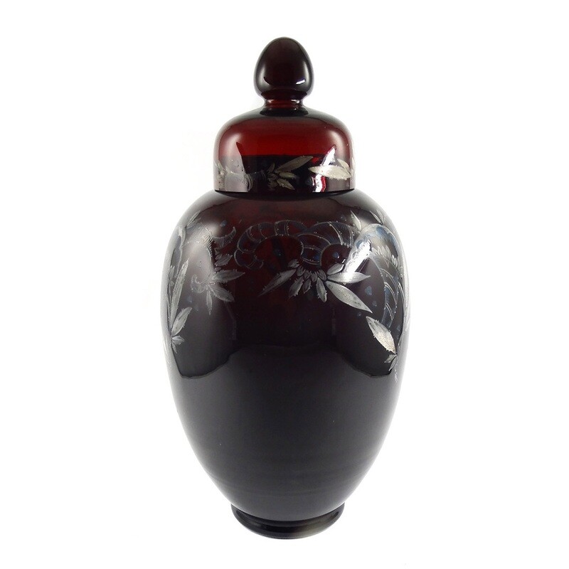 Large lidded vase made of ruby red glass with enamel painting, signed. Seyfried Munich