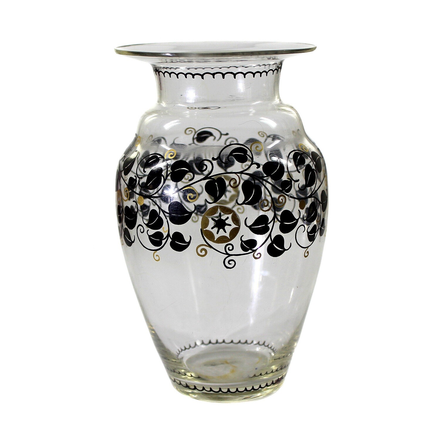 Clear glass vase with enamel painting, signed OKA Munich, Max Fischbach