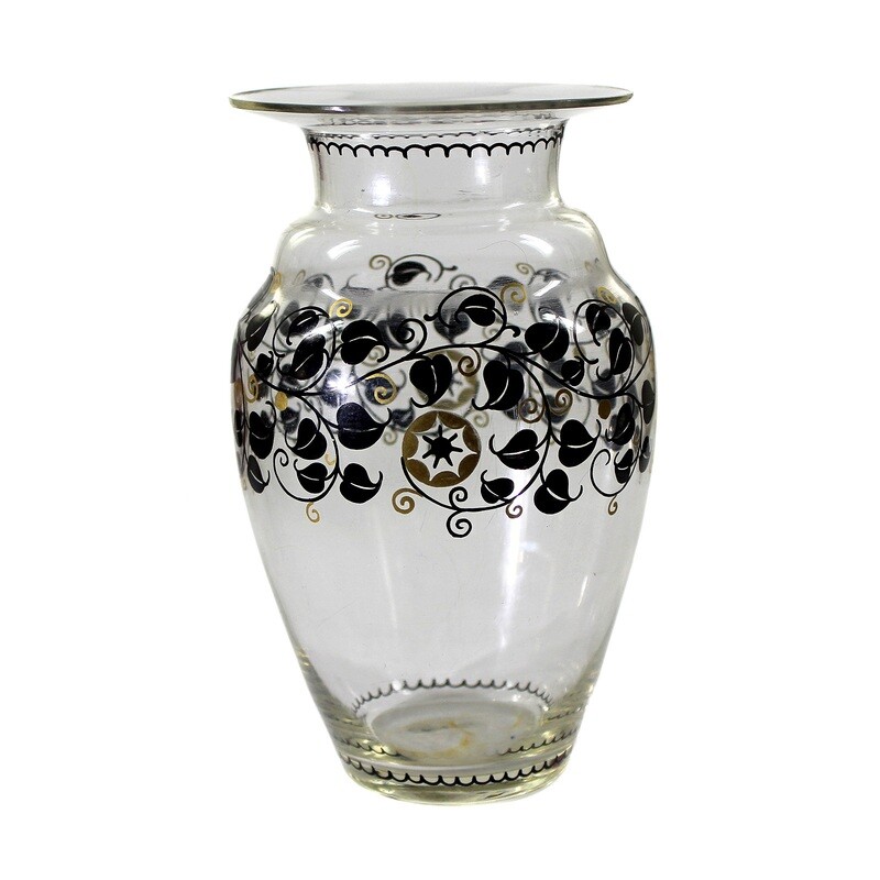 Clear glass vase with enamel painting, signed OKA Munich, Max Fischbach