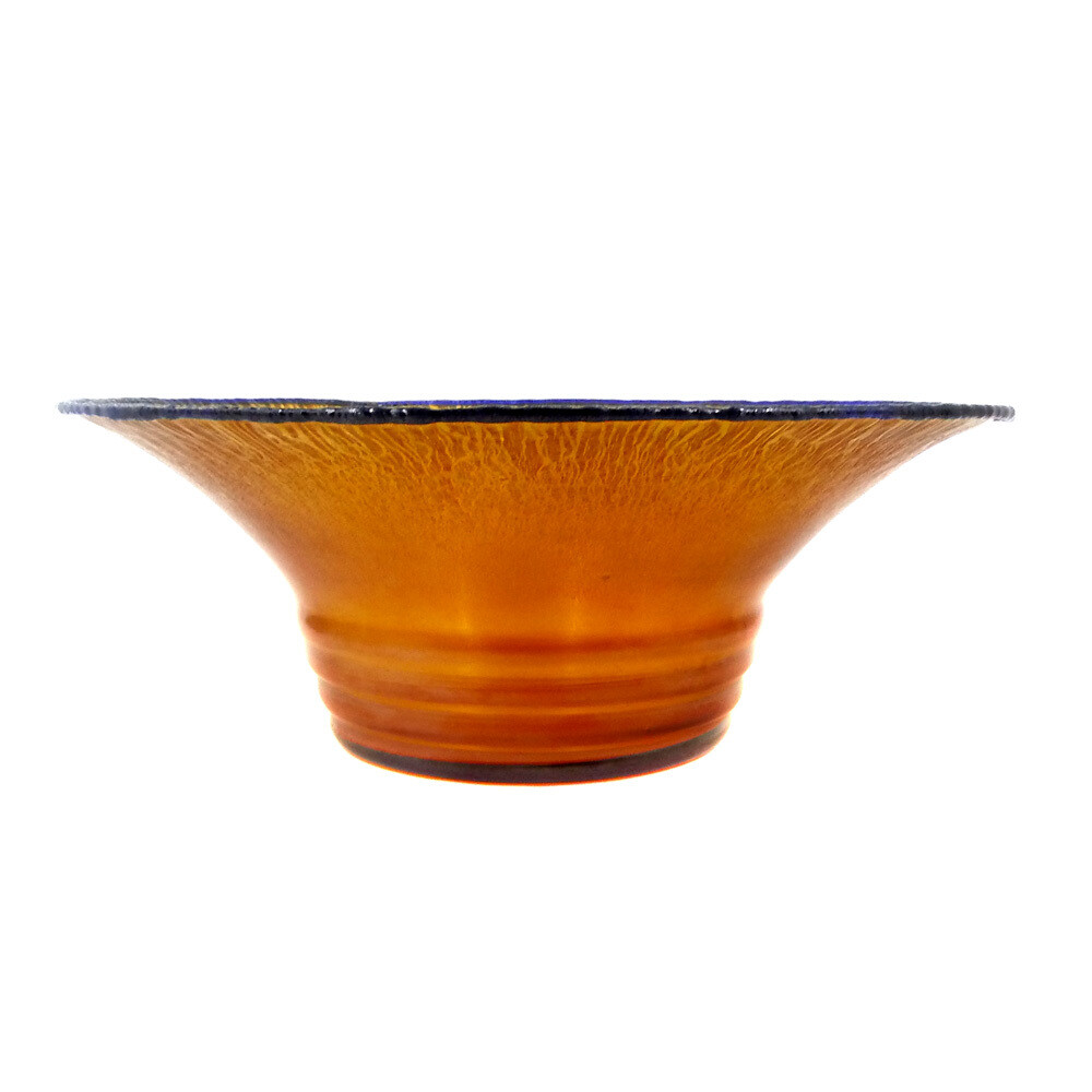 Large bowl, stained honey yellow with blue edge, radially cracked, around 1930-40