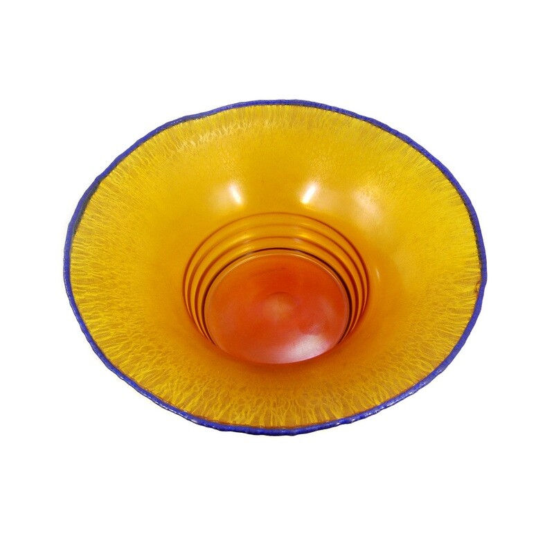 Large bowl, stained honey yellow with blue edge, radially cracked, around 1930-40