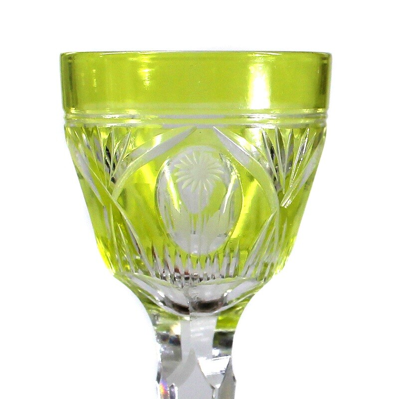 Liqueur glass / stem glass with yellow-green overlay, Jean Beck, by Poschinger