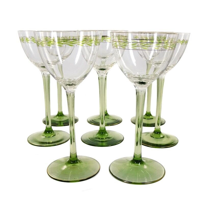 1st of 8. Stem glass with transparent painting, Regenhütte around 1910