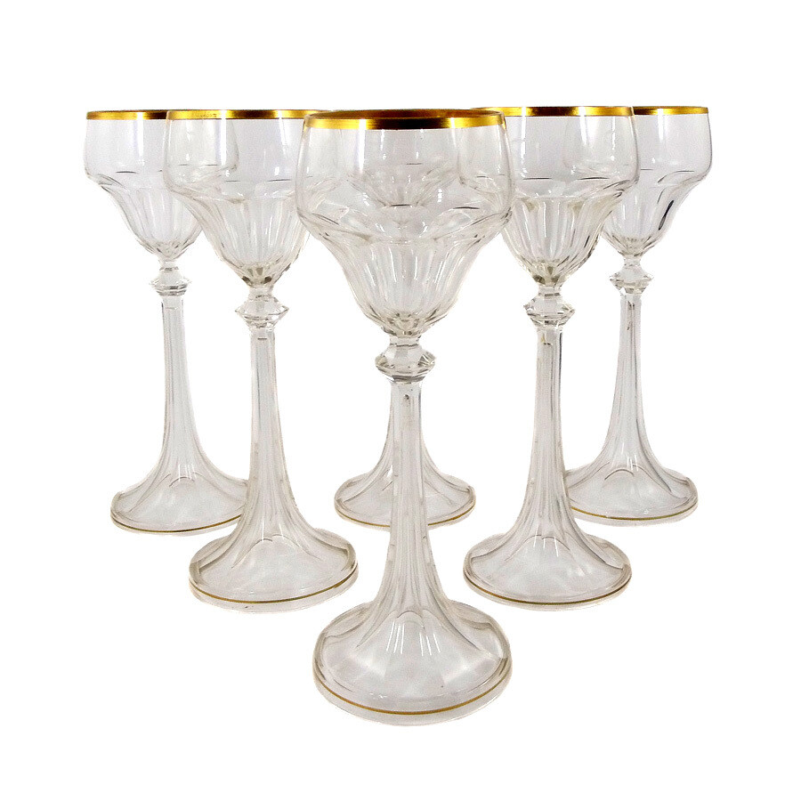 6 stem glasses / Art Nouveau Roman with faceted Nodus, Regenhütte around 1903-10