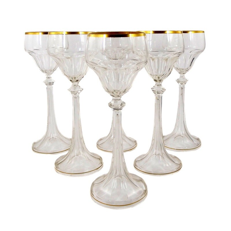 6 stem glasses / Art Nouveau Roman with faceted Nodus, Regenhütte around 1903-10